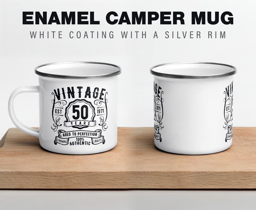 50th Birthday Enamelware Coffee Mug | Whiskey Label