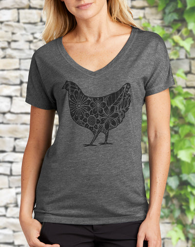 Floral Chicken Women's V-Neck Shirt - Hello Floyd Gifts & Decor
