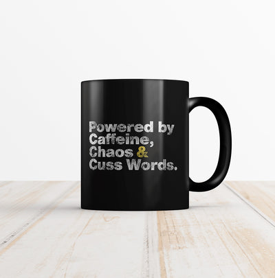 Powered By Caffeine, Chaos & Cuss Words Coffee Mug - Hello Floyd Gifts & Decor